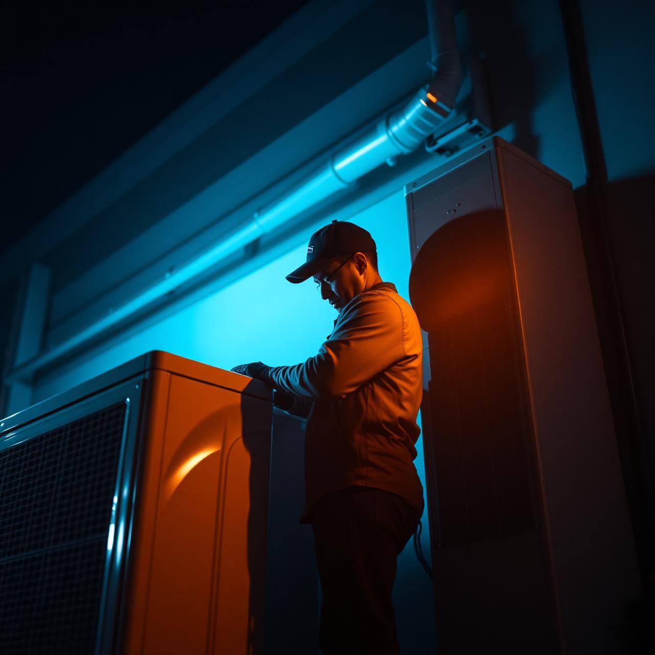HVAC technician servicing an air conditioner at night